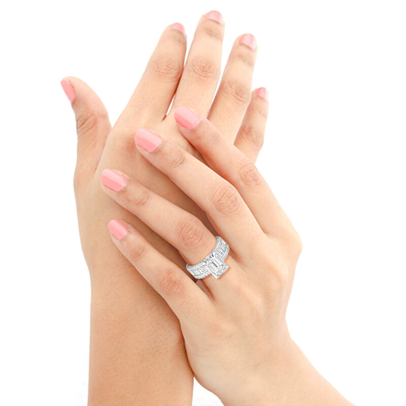 Emerald-Cut Lab Grown 4.50ctw. Diamond With Baguette & Brilliant-Cut Multi-Row Engagement Ring in 14k White Gold image number null